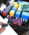 Heavy Duty 30 Piece Box Blade Fuse Kit Featuring Low And Tall Slick Profile Assortment displayed in a fuse box with multiple fuses.