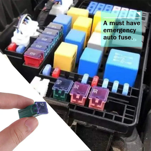 Heavy Duty 30 Piece Box Blade Fuse Kit Featuring Low And Tall Slick Profile Assortment displayed in a fuse box with multiple fuses.