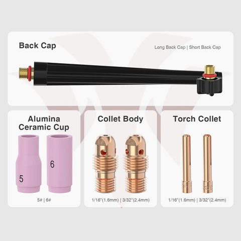 8 Piece TIG Welding Torch Consumables Kit With Collets And Alumina Ceramic Cups For WP 20 Easy Swap Replacement Parts displayed