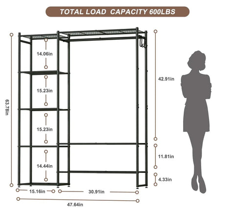 Dimensions of Sturdy Clothes Organizer And Storage Closet Rack With Hanging Rod And Four Shelves For Tops Coats