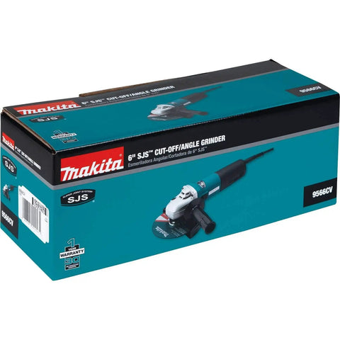 Box of Heavy Duty 6 Inch Cut Off And Angle Grinder With 13 Amp Motor Variable Speed 4000 To 10000 RPM SJS System, ideal for demolition tasks.