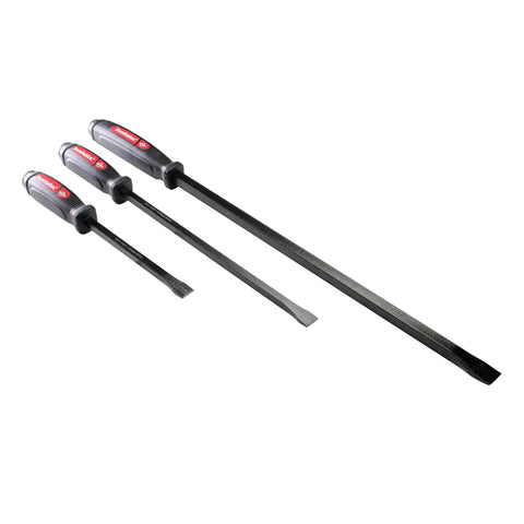 Dominator Pry Bar Set 3 Piece Straight Pry Bars With Black Oxide Finish, Grip Friendly Two Composite Handles, three sizes shown.