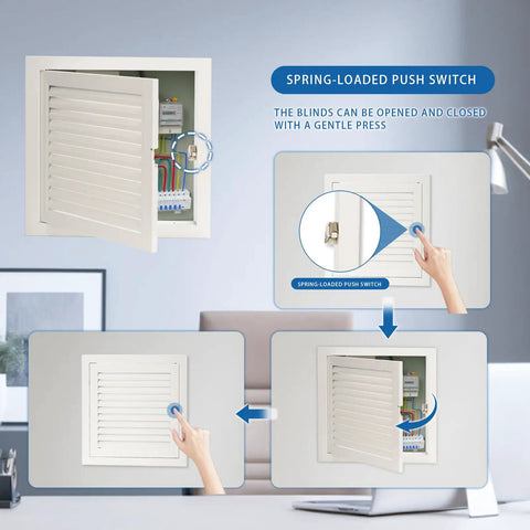 Premium White Aluminum Louvered Access Door For Standard Drywall Walls Delivering Solid Ventilation and sleek utility panel operation with spring-loaded push switch.