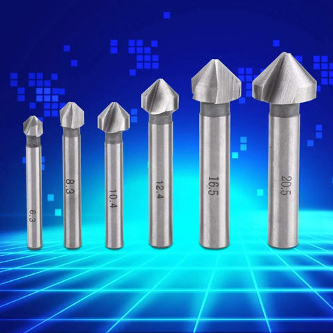 Six Baxnore HSS countersink bits with round shanks and 3-flute cutters in varying sizes.
