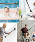 Collage featuring Brushed Nickel Shower Grab Bar 16 Inch with 1.25 Inch Diameter Stainless Steel Safety Assist Hand Rail in use.