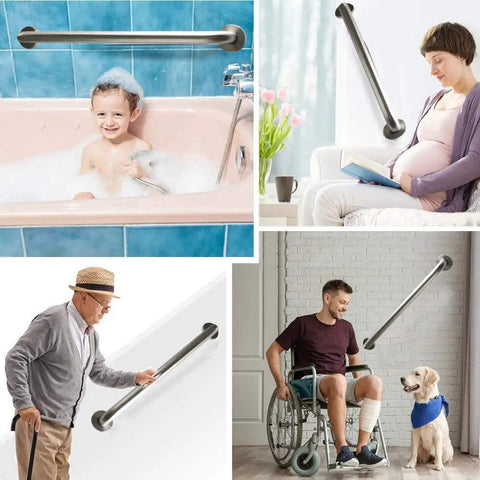 Collage featuring Brushed Nickel Shower Grab Bar 16 Inch with 1.25 Inch Diameter Stainless Steel Safety Assist Hand Rail in use.