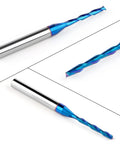 Upcut spiral router bit with 1/4 in shank, 1/8 in cutting diameter, 3 in length, solid carbide nano blue coating