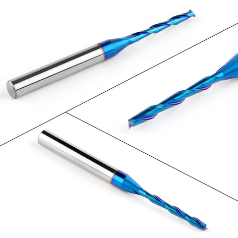 Upcut spiral router bit with 1/4 in shank, 1/8 in cutting diameter, 3 in length, solid carbide nano blue coating