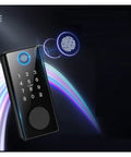 Hassle Free Keyless Smart Deadbolt Featuring Instant Fingerprint Recognition And Numeric Keypad, sleek black design, front view with touchpad and fingerprint scanner.