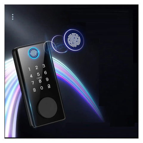 Hassle Free Keyless Smart Deadbolt Featuring Instant Fingerprint Recognition And Numeric Keypad, sleek black design, front view with touchpad and fingerprint scanner.