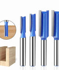 Heavy Duty 4 Piece Flush Trim Router Bit Set with 6Mm Shank And Bearing For Smooth Woodworking On Drawers Cabinets and Custom Projects Made Of Super Hard Steel To Prevent Kickback, showing router bits with blue coating and steel shanks.