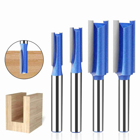 Heavy Duty 4 Piece Flush Trim Router Bit Set with 6Mm Shank And Bearing For Smooth Woodworking On Drawers Cabinets and Custom Projects Made Of Super Hard Steel To Prevent Kickback, showing router bits with blue coating and steel shanks.