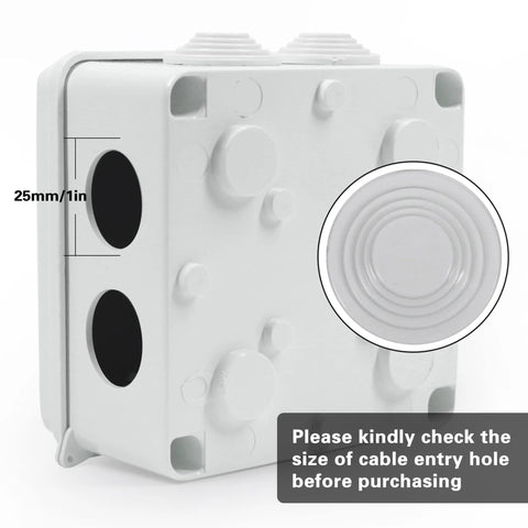 IP65 ABS plastic junction box; white electrical enclosure with two 25mm cable-entry knockouts.