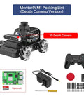 MentorPi M1 depth-camera robot car kit with black metal chassis and Raspberry Pi 5, game controller, and tools.