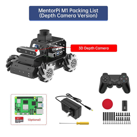 MentorPi M1 depth-camera robot car kit with black metal chassis and Raspberry Pi 5, game controller, and tools.