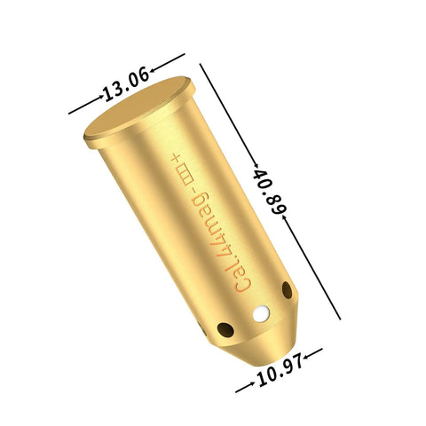 Bore Sight For 44 Magnum Caliber With Red Dot Laser Sight Class IIIA Less Than 5mW, brass cylinder design with measurements, compact [Image Description].