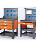 Heavy Duty Steel Workbench With Two Lockable Drawers And Pegboard Organizer For Garages Workshops And Machine Shops, shown with orange accents and storage bins.