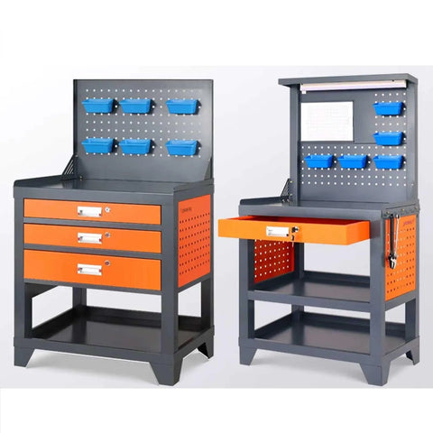 Bolted Down Heavy Duty Steel Workbench Built For Weekend Warrior Garages Or Pro Trade Shops Featuring Wall Pegboard Tool Organization Plus Deep Lockable Drawers For All The Right Gear, showcasing orange drawers and a pegboard.