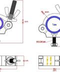 Front and side views of MFL heavy-duty truss clamp, 4-pack, black aluminum alloy for 1.5–2.0 in stage truss.