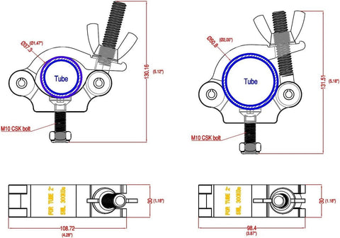 Front and side views of MFL heavy-duty truss clamp, 4-pack, black aluminum alloy for 1.5–2.0 in stage truss.