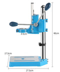 Heavy Duty Drill Press Machine With Rotary Tool, Adjustable Height, 90 Degree Rotating Fixed Frame, Depth Scale, And 38-50mm Clamping Range For Drilling Wood And Plastic Boards viewed from the side showing dimensions and design.