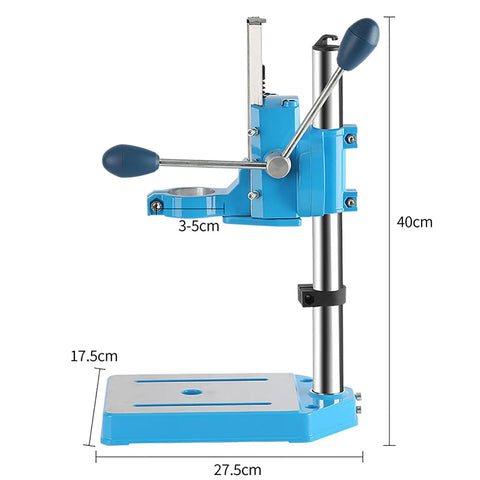 Heavy Duty Drill Press Machine With Rotary Tool, Adjustable Height, 90 Degree Rotating Fixed Frame, Depth Scale, And 38-50mm Clamping Range For Drilling Wood And Plastic Boards viewed from the side showing dimensions and design.