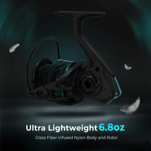 Verus Spinning Fishing Reel Size 4000 Black Gear Ratio Six Point Two To One Feather Light Performance With Glass Fiber Infused Nylon Body Ultra Lightweight At Six Point Eight Ounces High Performance Angling Reel
