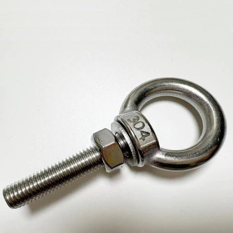 Heavy Duty M10 Shoulder Eye Bolt 304 Stainless Steel 4 Inch Lifting Ring showing threaded shaft and nut, for rigging use.