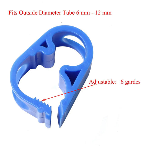 4 Pack Flow Control Hose Clamps For One Half Inch To One Quarter Inch Tubing, blue plastic clamp showing adjustment teeth