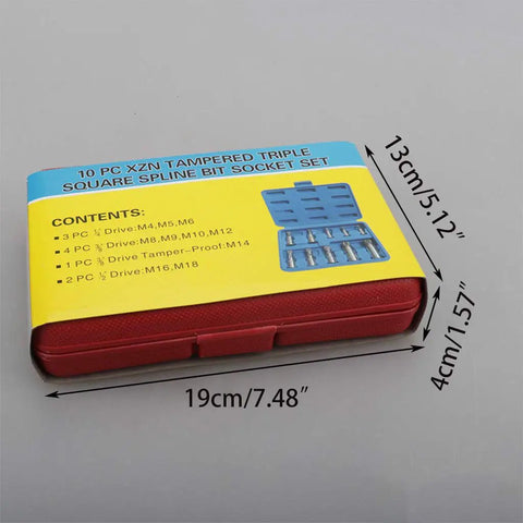 10 Piece 12 Point Triple Square Spline Bit Socket Set with case dimensions and contents listed on colorful packaging
