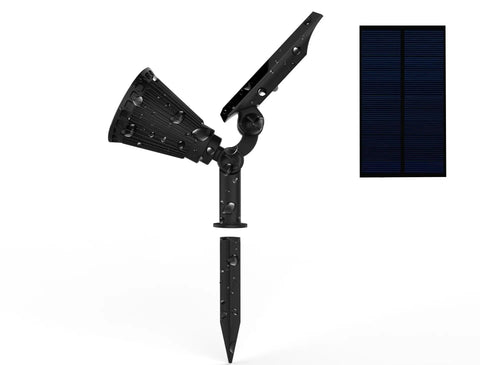 Sun Powered 4 LED Solar Spotlight Kit, 2 Pack, 2 In 1 Adjustable Wall And Landscape Lights With Auto On Off Sensor displayed