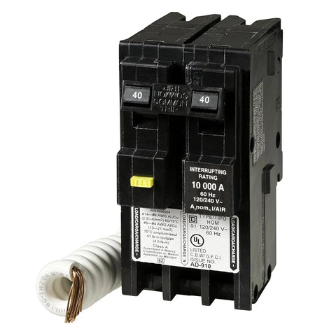 40 Amp 2 Pole GFCI Circuit Breaker For Home Use 120V 240V AC 10kA Breaking Capacity Plug In Mount Residential Class A Wire Range 12 AWG To 4 AWG Copper Or Aluminum