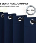 Close-up of navy blue blackout curtains with 8 silver grommets per panel, on rod. Grommet Blackout Curtains Set Of 2 Navy Blue 52 By 72 Inches Each Panel Thick Polyester Light Blocking Thermal Drapes For Bedroom Or Living Room Room Darkening With 8 Silver Grommets Per Panel.
