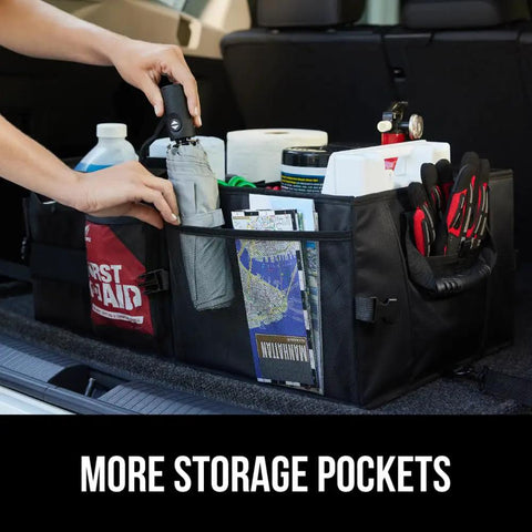 Trunk Organizer For SUV And Car With Big Capacity Collapsible Storage Heavy Duty Multi Compartment Water Resistant And Spill Proof Slip Resistant Durable Car Accessory Perfect Gift For Mom And Dad, Black with multiple compartments, shown in car trunk storing tools and supplies