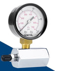 SENCTRL gas pressure test gauge 0-100 psi, 2-inch dial, 3/4-inch FNPT brass valve, chrome-plated steel body front view