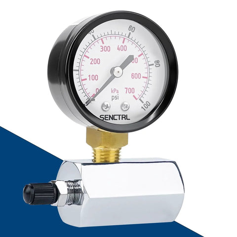 SENCTRL gas pressure test gauge 0-100 psi, 2-inch dial, 3/4-inch FNPT brass valve, chrome-plated steel body front view
