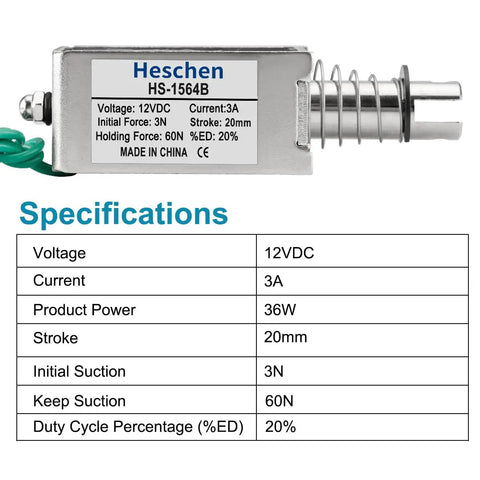 DC Solenoid Electromagnet Push Pull Type Open Frame With 20mm Stroke 12V 3A Coil Initial 3N Push Force And 60N Hold Force specifications