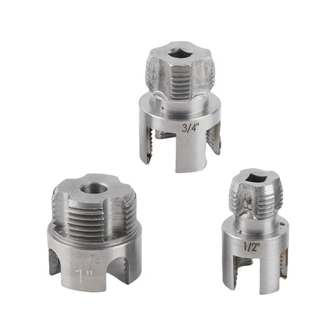 Heavy Duty Electric Drill Pipe Threader With 1/4 Inch Hex Shank, three sizes 1 inch, 3/4 inch, and 1/2 inch for threading pipes.