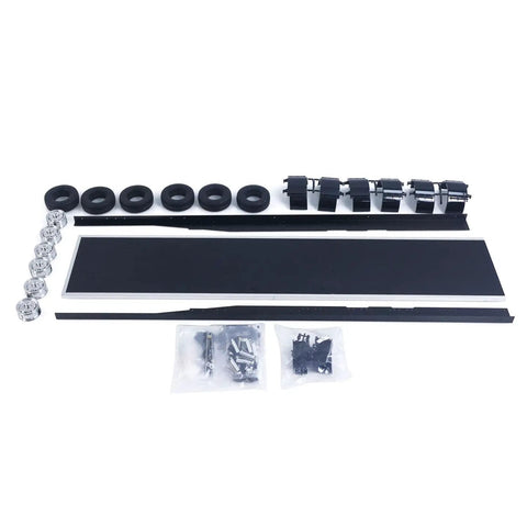 1/14 Scale RC Flatbed Semi Truck Chassis Kit for DIY Model showing disassembled parts including wheels and axles
