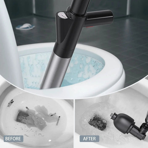 High Pressure Toilet Plunger For Clogs With Real Time Barometer And Stainless Steel Drain Blaster action, clearing toilet clog, before after view
