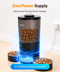 Top Shelf Dual Camera Automatic Pet Feeder With Two Separated Bowls And Six Liter Hopper For Independent Cats And Dogs Smart Programmable Timer design with battery backup and food capacity.