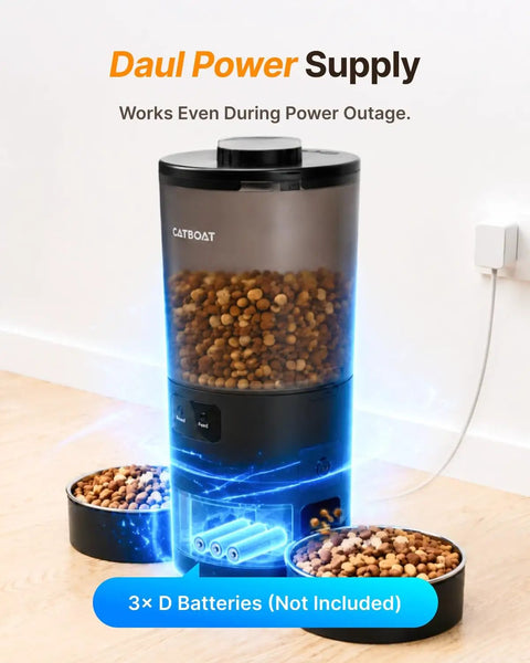 Top Shelf Dual Camera Automatic Pet Feeder With Two Separated Bowls And Six Liter Hopper For Independent Cats And Dogs Smart Programmable Timer design with battery backup and food capacity.