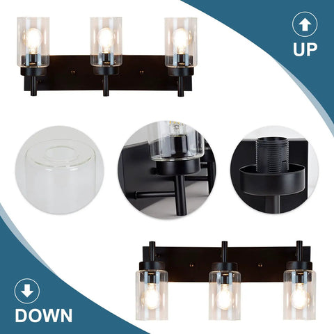 Vintage Vibes Wall Light Fixture With 3 Clear Glass Shades In Matte Black Finish, E26 Base, shown in up and down mounting options.