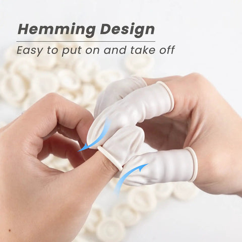 Person putting on Bulk Latex Finger Cots 300 Pcs Per Case Medium Size Rubber Finger Tips Sleeves for easy use.