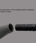 Two Pack 90mm Bike Handlebar Grips Two Color Rubber Ergonomic Design Grippy Comfort Fit being installed on handlebar
