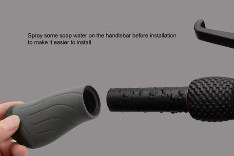 Two Pack 90mm Bike Handlebar Grips Two Color Rubber Ergonomic Design Grippy Comfort Fit being installed on handlebar