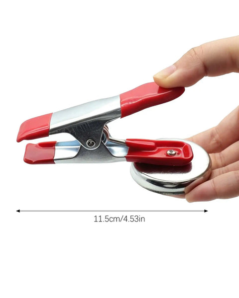 Two Pack Heavy Duty Magnetic Spring Clamps With Solid Magnet Base For Woodworking, Craft, And Workshop Use, Multi Purpose Metal Clamps, Non Slip PVC Handles, Strong Magnetic Grip, Direct Metal Surface Attachment. 11.5cm clamp