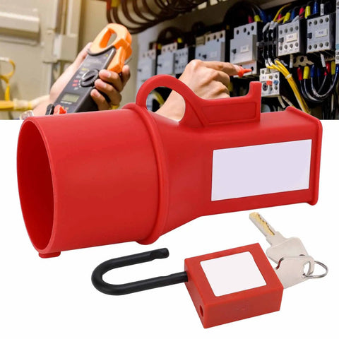 Rugged Industrial Socket Lockout Device For Maintenance, high strength durable PP nylon, shown with safety lock and key