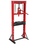 Rock Solid 12 Ton Hydraulic Shop Press Heavy Duty H Frame Benchtop With Swivel Base and Black Powder Coat visible in red and black finish.