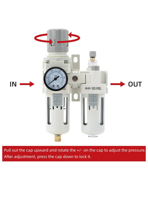 All-In-One Three Eighths Inch Compressed Air Filter Regulator Lubricator Combo With Water And Oil Trap Separator, Model AC3010-03 NPT